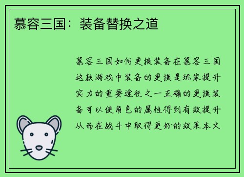 慕容三国：装备替换之道